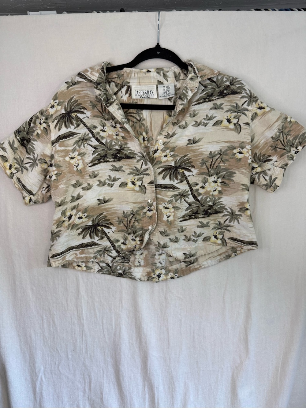 VTG 90s Casey & Max Tropical Palm Tree Cropped Button-Up Shirt - Cotton/Linen PL